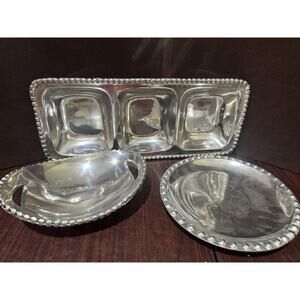 Pewter Beaded Bowl, 8”platter, 16”3 Compartment Platter Made India Handicrafts